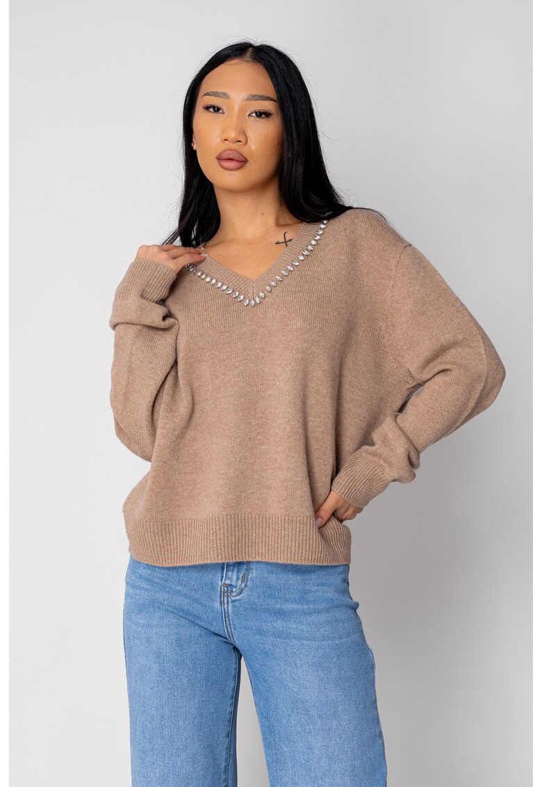 Pulover cu strasuri din lana si casmir Bej