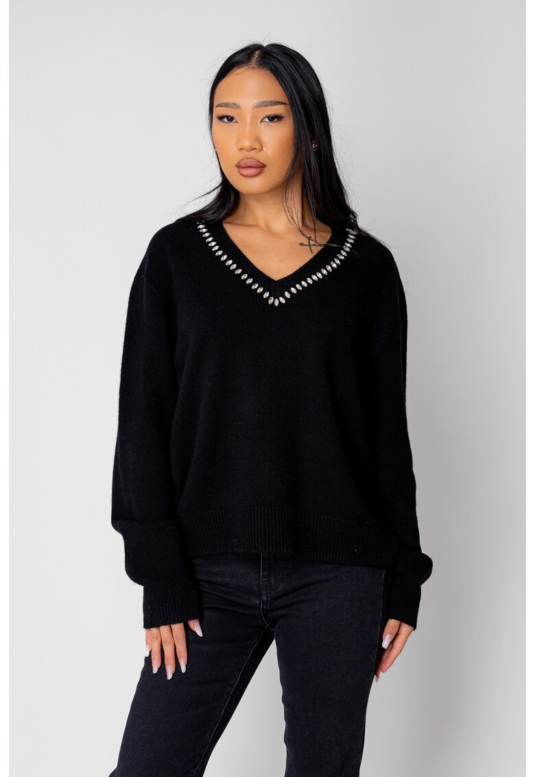 Pulover cu strasuri din lana si casmir Black 19528 - Negru