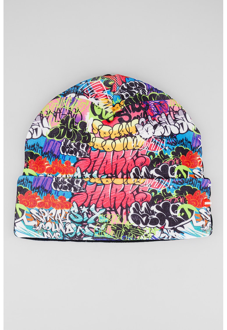 Caciula unisex cu imprimeu grafiti si model cu doua fete - Multicolor