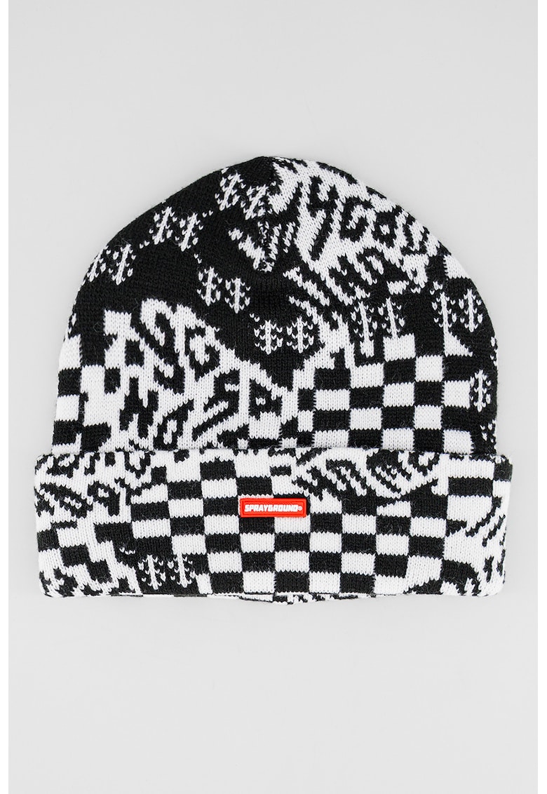 Caciula unisex cu model in carouri - Negru/Alb optic