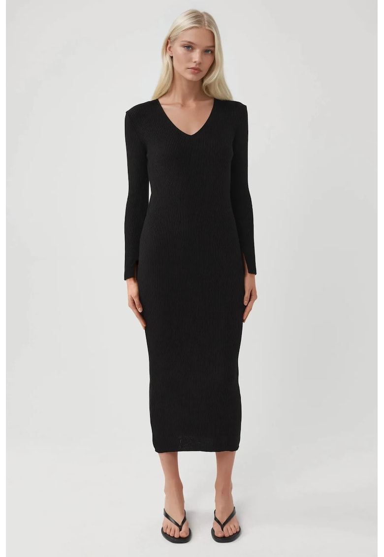 Rochie maxi - decolteu in V - neagra - tricot -