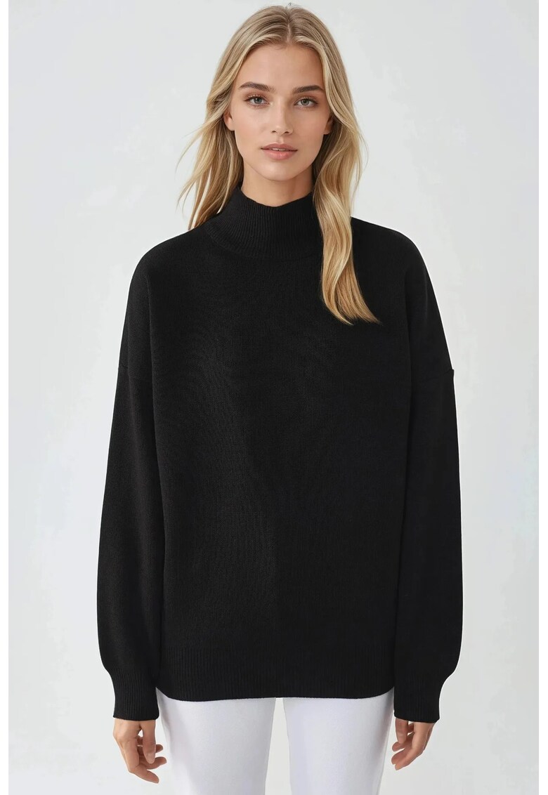Pulover dama - supradimensionat - jumatate de guler - negru - tricot - One Size