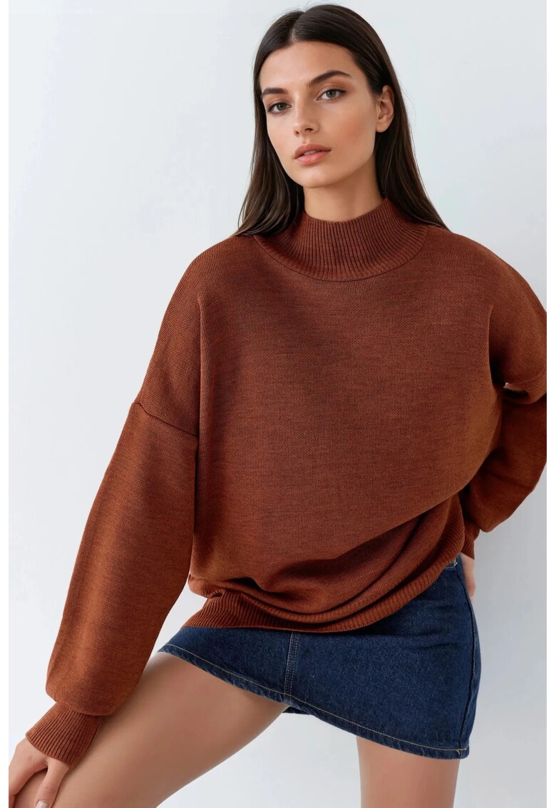 Pulover dama - supradimensionat - jumatate de guler - maro nuc - tricot - One Size