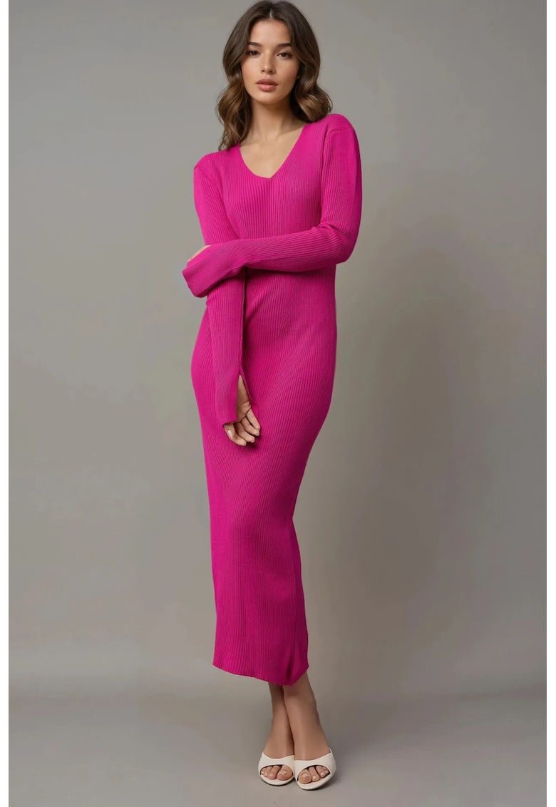 Rochie maxi - tricotata - decolteu in V - roz -