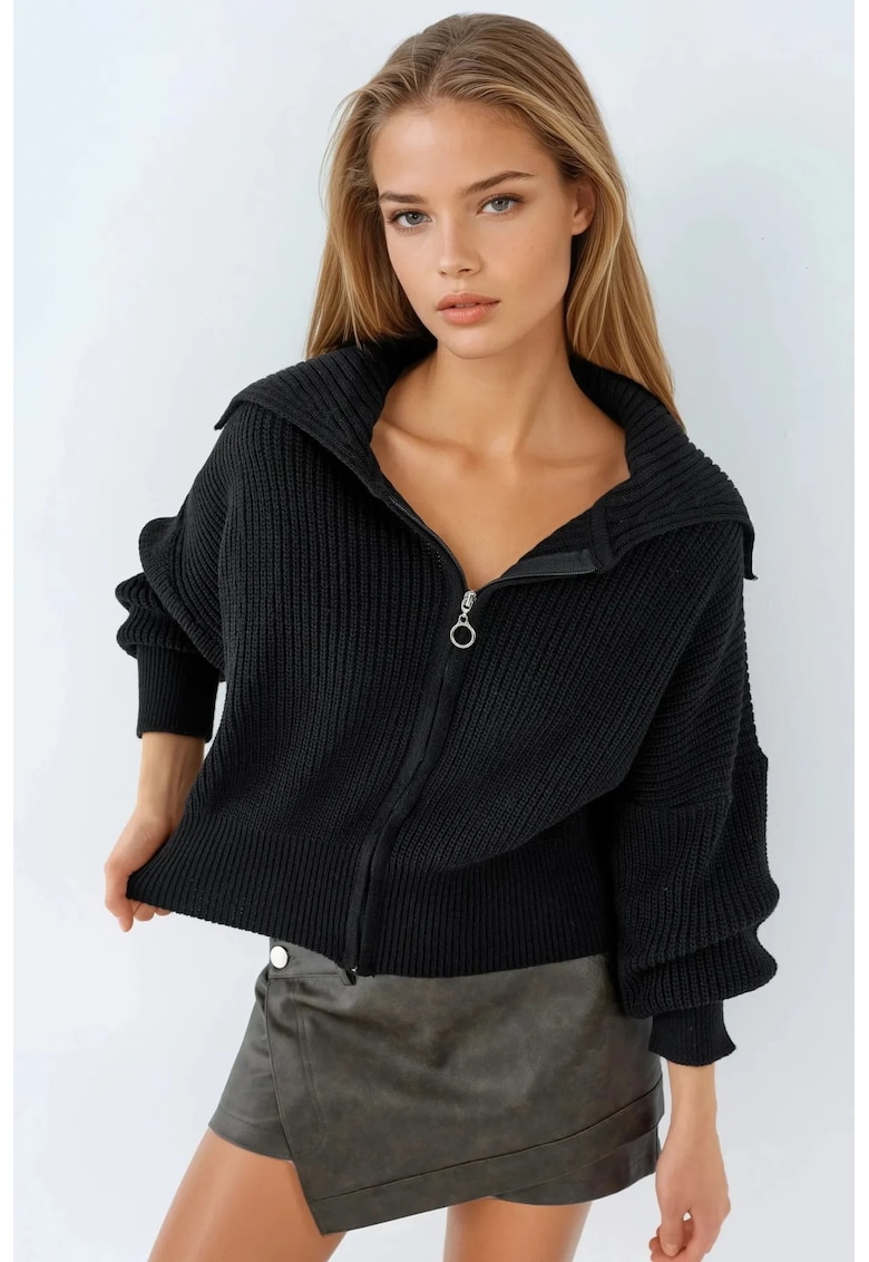 Cardigan - tricotat cu nervuri - fermoar complet - negru - tricot -