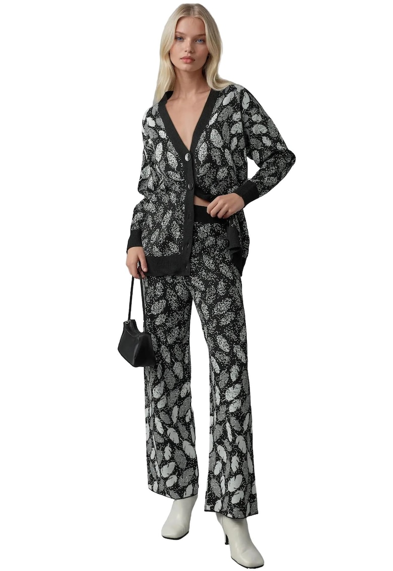 Set tricotat - cardigan jacard cu decolteu in V si pantaloni largi - negru - tricot -