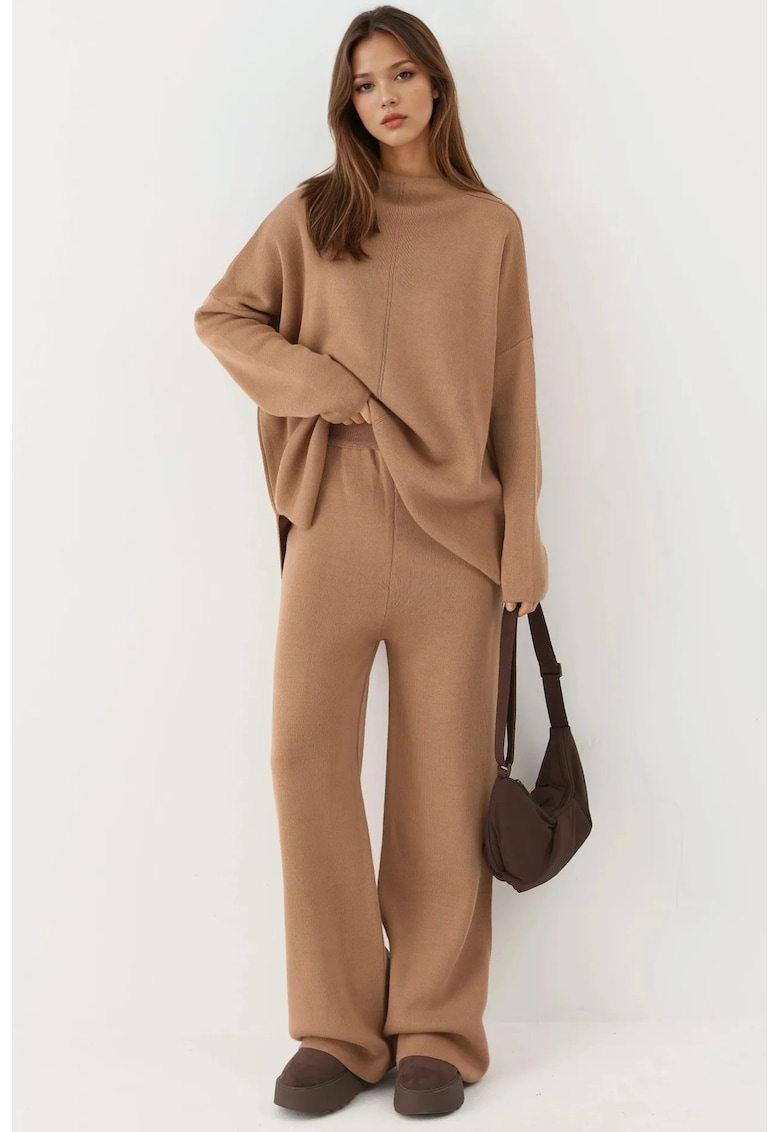 Set tricotat MY FASHION cu pulover si pantaloni - maro camel - tricot -