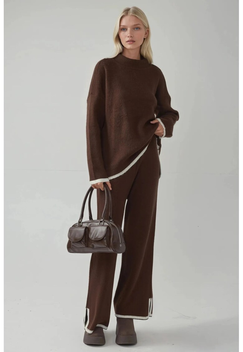 Set tricotat asortat - pulover supradimensionat si pantaloni - maro cafea - tricot - One Size