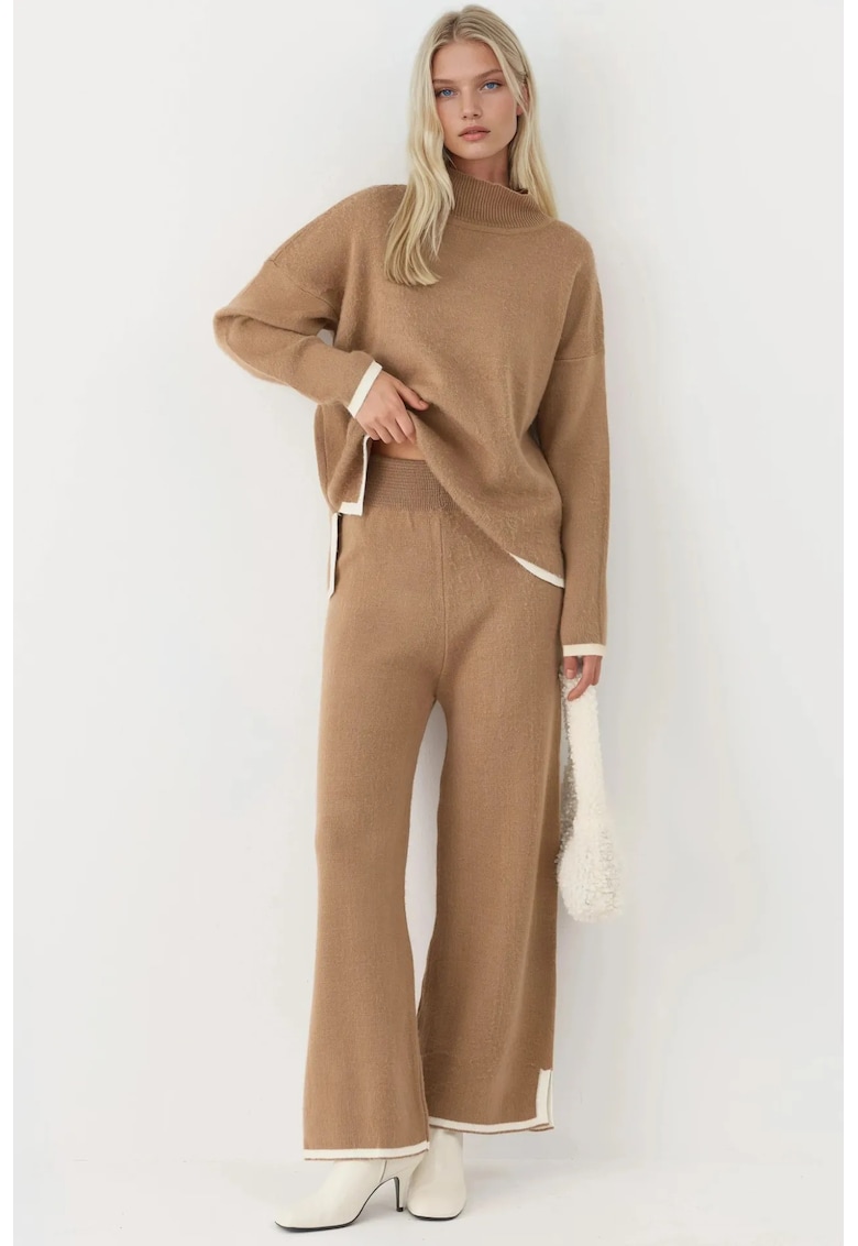 Set tricotat pulover supradimensionat si pantaloni - moale - maro camel - tricot -