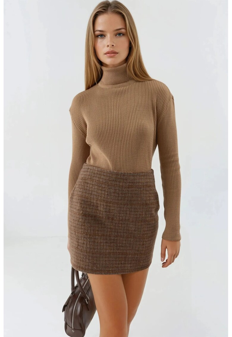 Pulover dama - mulat - guler texturat - maro - tricot - One Size