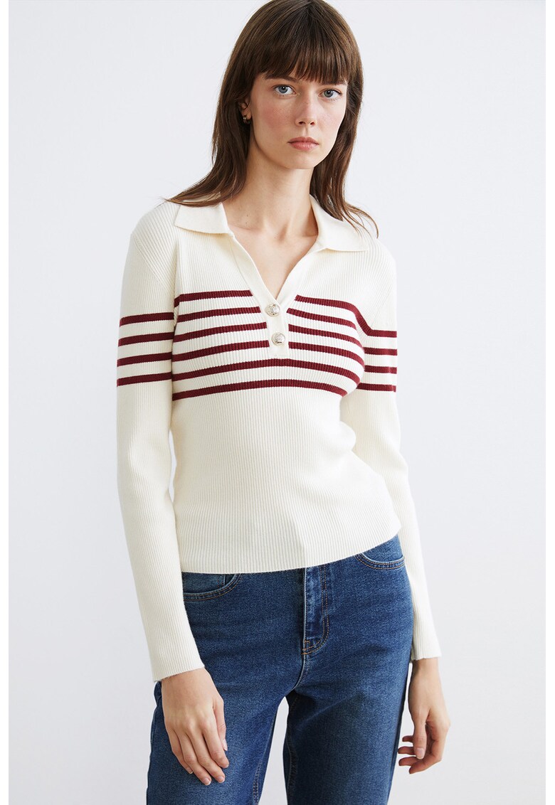 Pulover striat cu croiala slim-fit si decolteu in V - Rosu/Crem