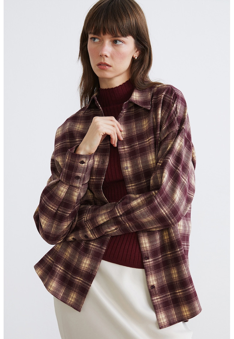 Camasa cu guler clasic si model in carouri - Bej/Violet tyrian