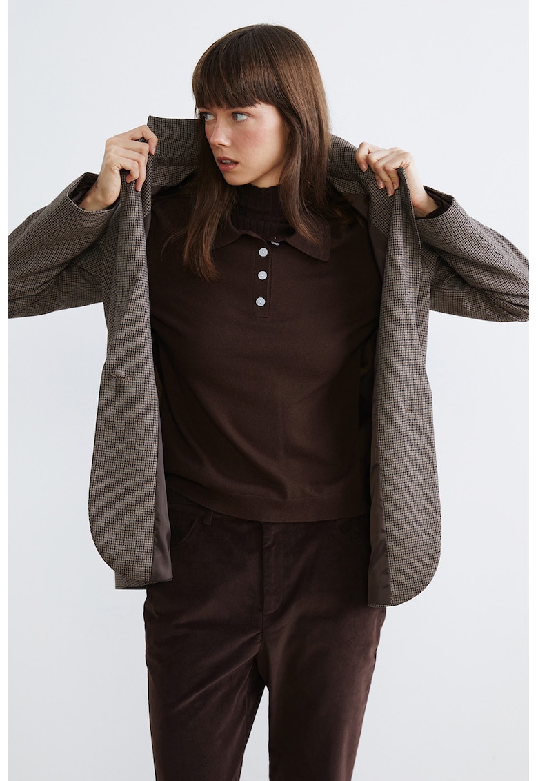 Pulover polo cu fenta cu nasturi - Maro inchis