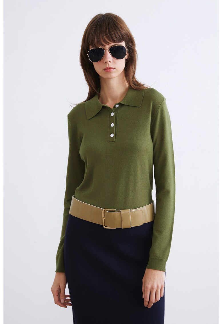 Pulover polo cu fenta cu nasturi - Verde sparanghel