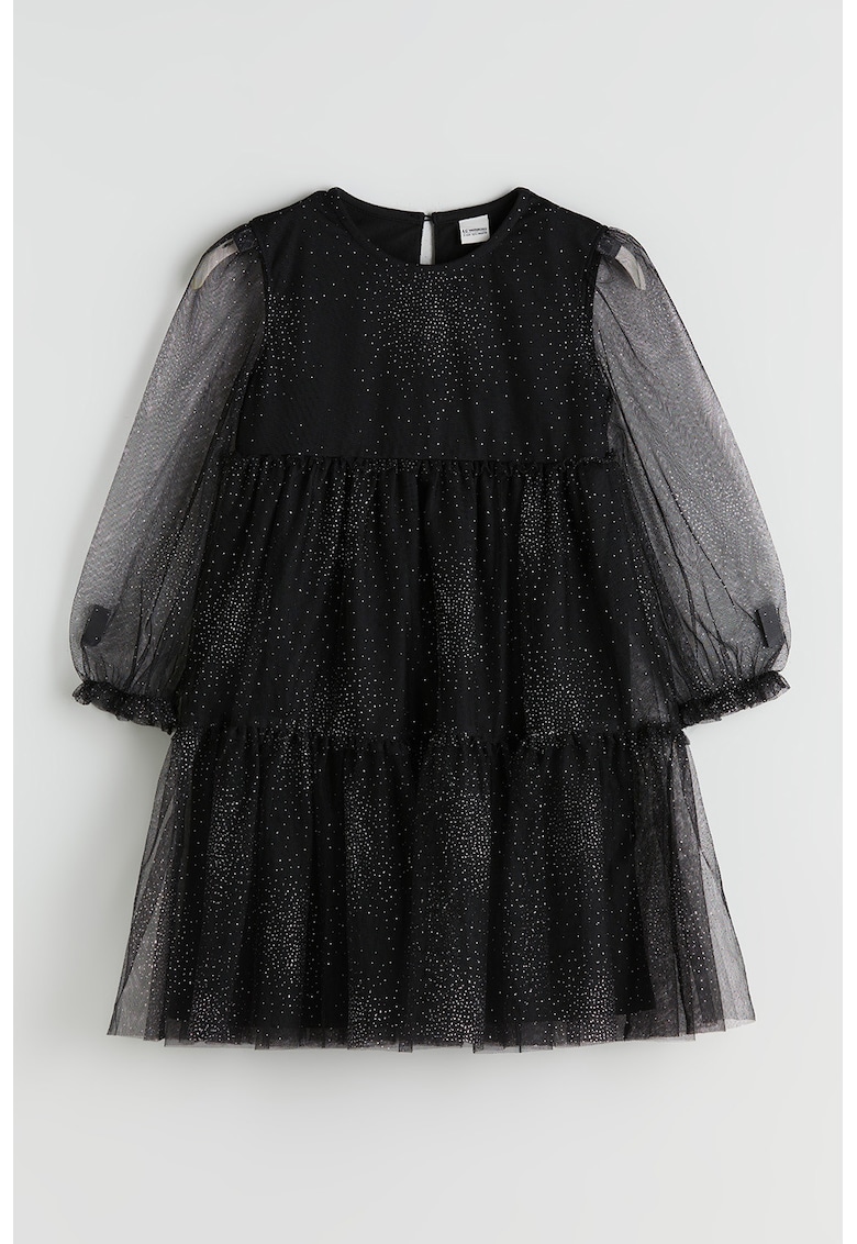 Rochie evazata cu insertii din tul - Negru