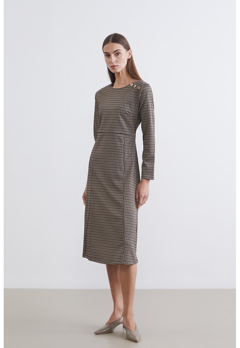 Rochie midi cu model houndstooth - Maro inchis
