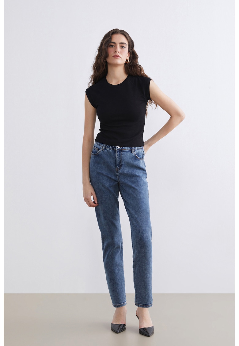 Blugi conici cu talie elastica - Albastru inchis