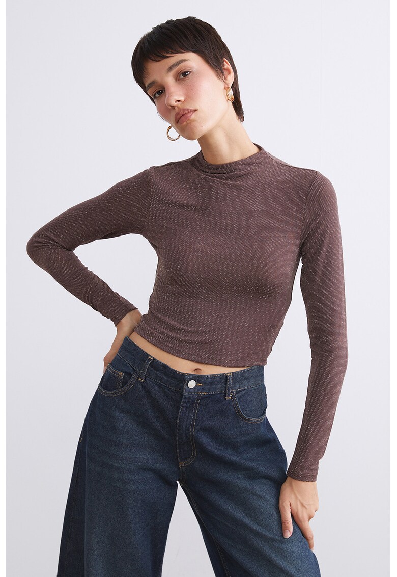 Bluza crop slim fit din lurex - Maro inchis