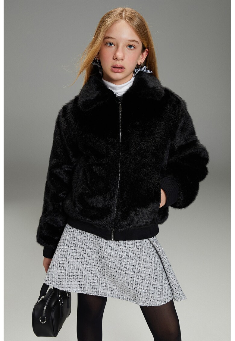 Palton scurt de blana sintetica cu buzunare laterale - Negru
