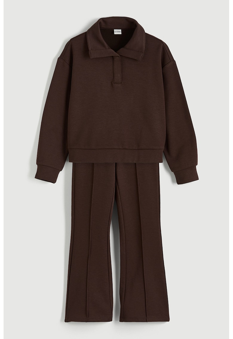 Set de bluza polo de trening cu pantaloi evazati - 2 piese - Maro