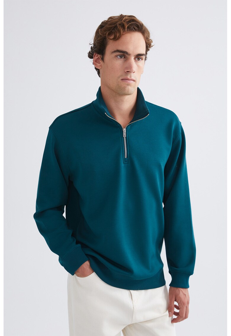 Bluza de trening din amestec de modal cu fenta cu fermoar - Albastru petrol