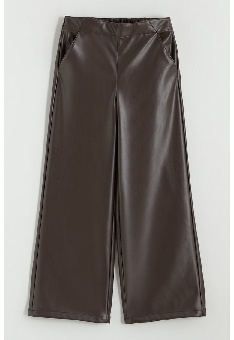 Pantaloni evazati de piele ecologica cu talie elastica - Maro inchis