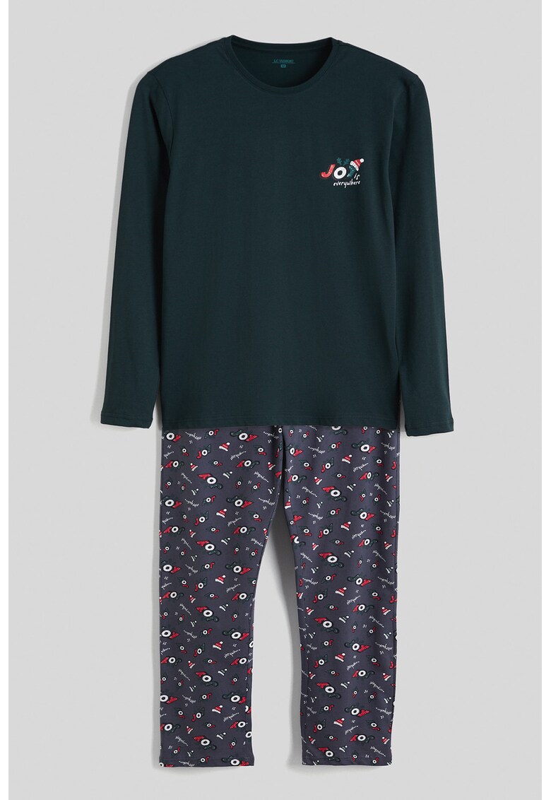 Pijama slim fit cu model de Craciun - Alb/Verde englez/Gri inchis