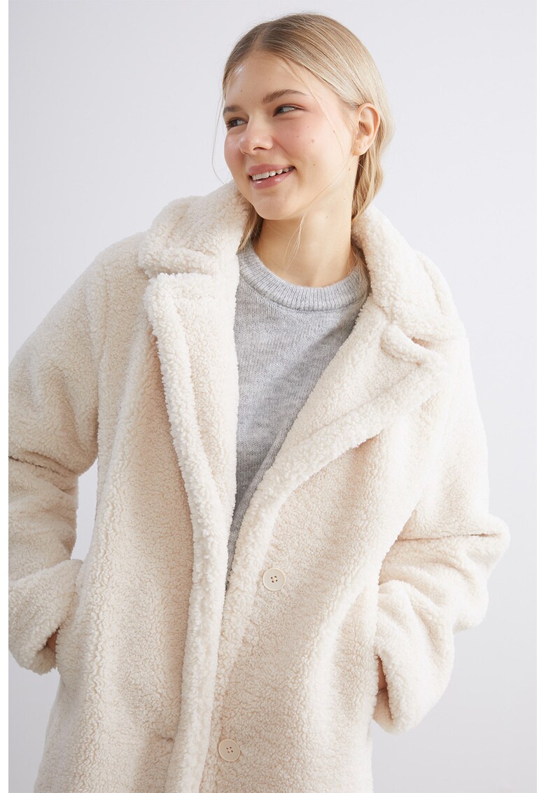 Palton de blana shearling sintetica cu buzunare laterale - Alb fildes