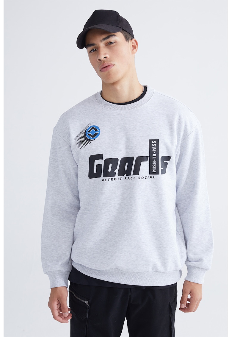 Bluza de trening cu decolteu la baza gatului si imprimeu - Gri deschis melange/Negru