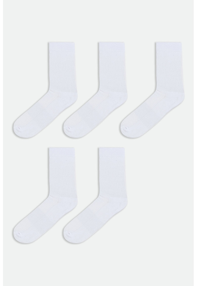Set de sosete lungi cu striatii si model uni - 5 perechi - Alb