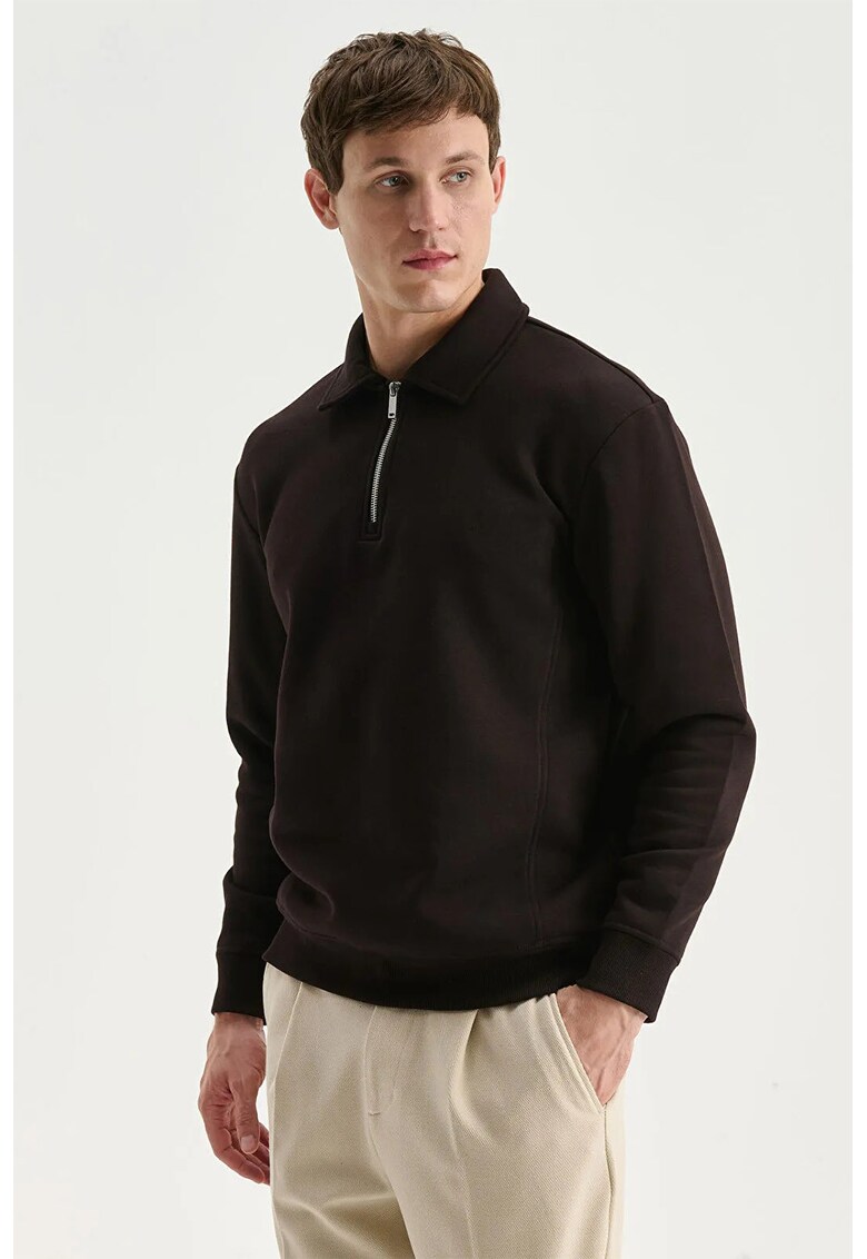 Bluza de trening polo cu fenta scurta cu fermoar - Maro inchis
