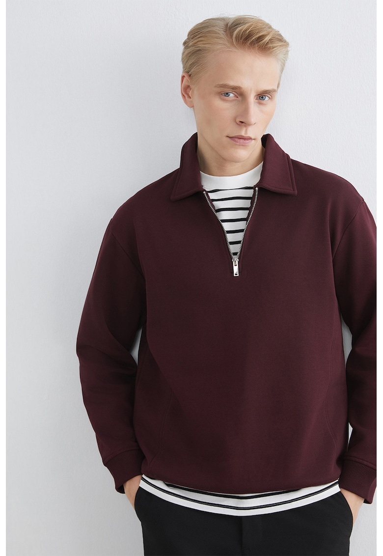 Bluza de trening polo cu fenta scurta cu fermoar - Maro cognac