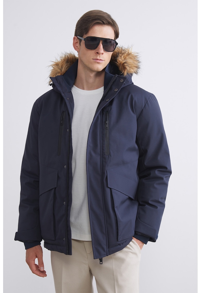 Geaca cu garnitura de blana sintetica - Albastru indigo/Bleumarin