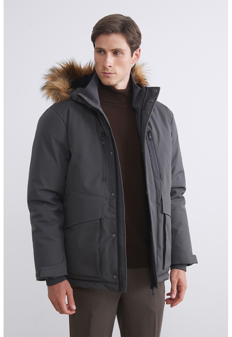 Geaca cu garnitura de blana sintetica - Gri