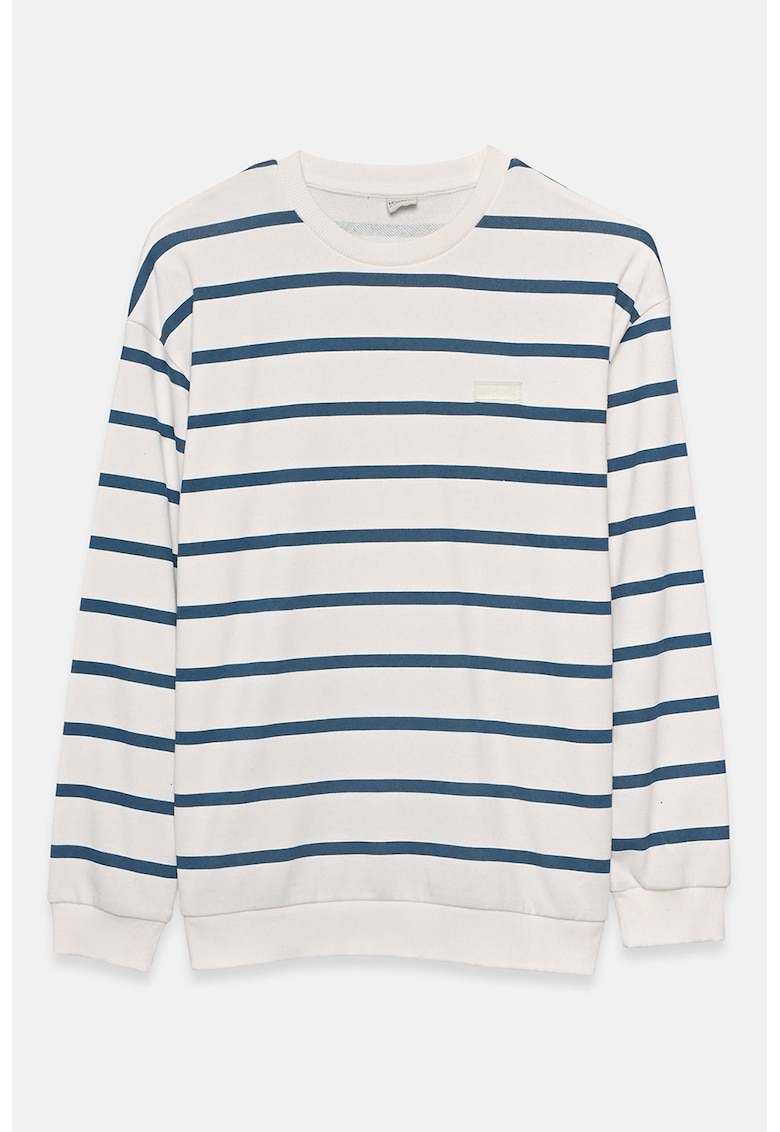 Bluza de trening cu decolteu la baza gatului si dungi - Alb/Albastru inchis