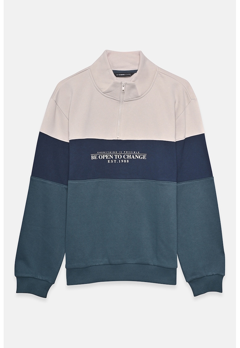 Bluza de trening cu guler si fermoar scurt - Albastru petrol/Bej deschis