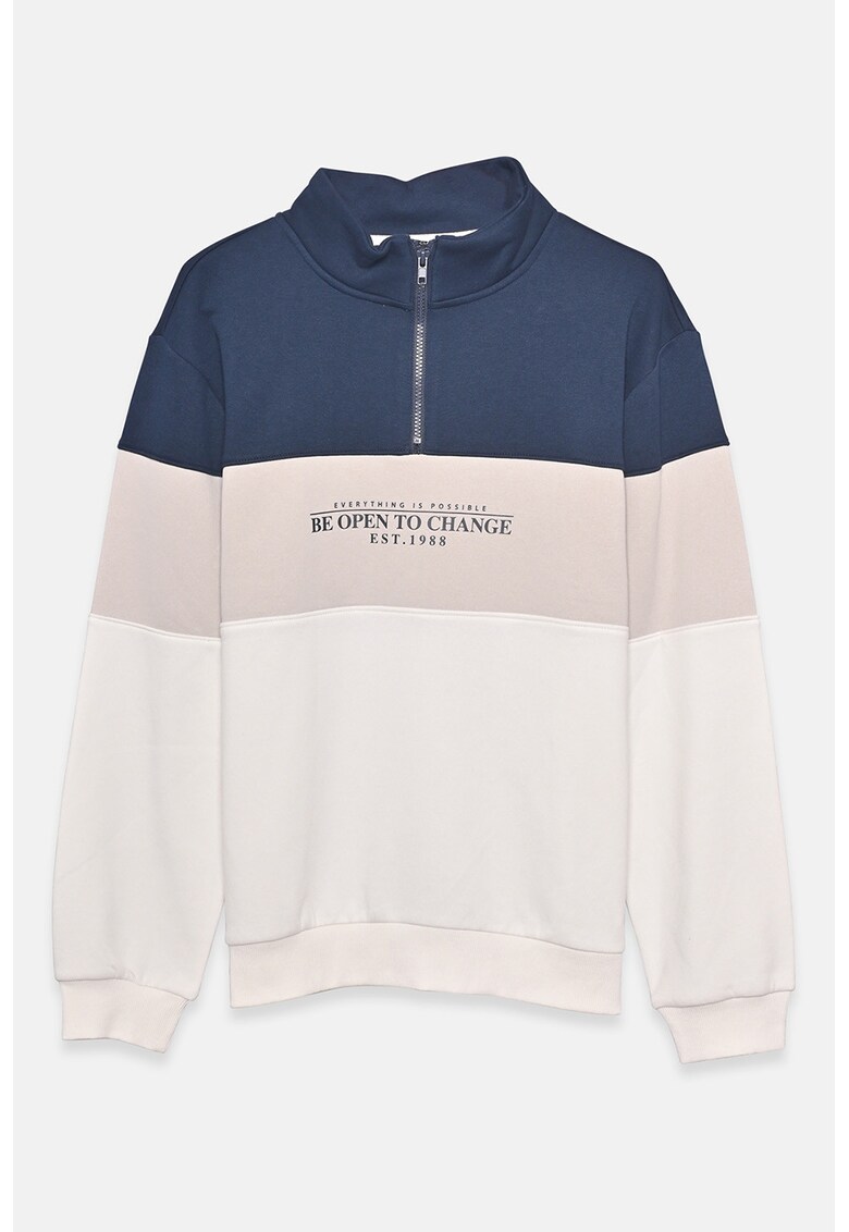 Bluza de trening cu guler si fermoar scurt - Alb/Bleumarin