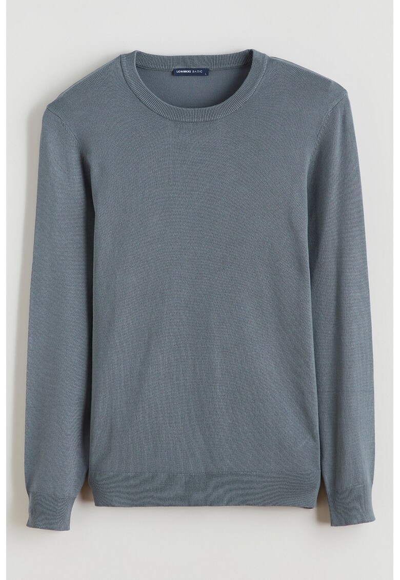 Pulover tricotat fin cu decolteu la baza gatului - Albastru prafuit