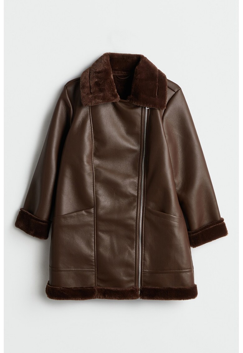 Palton de piele ecologica cu blana sintetica - Maro inchis