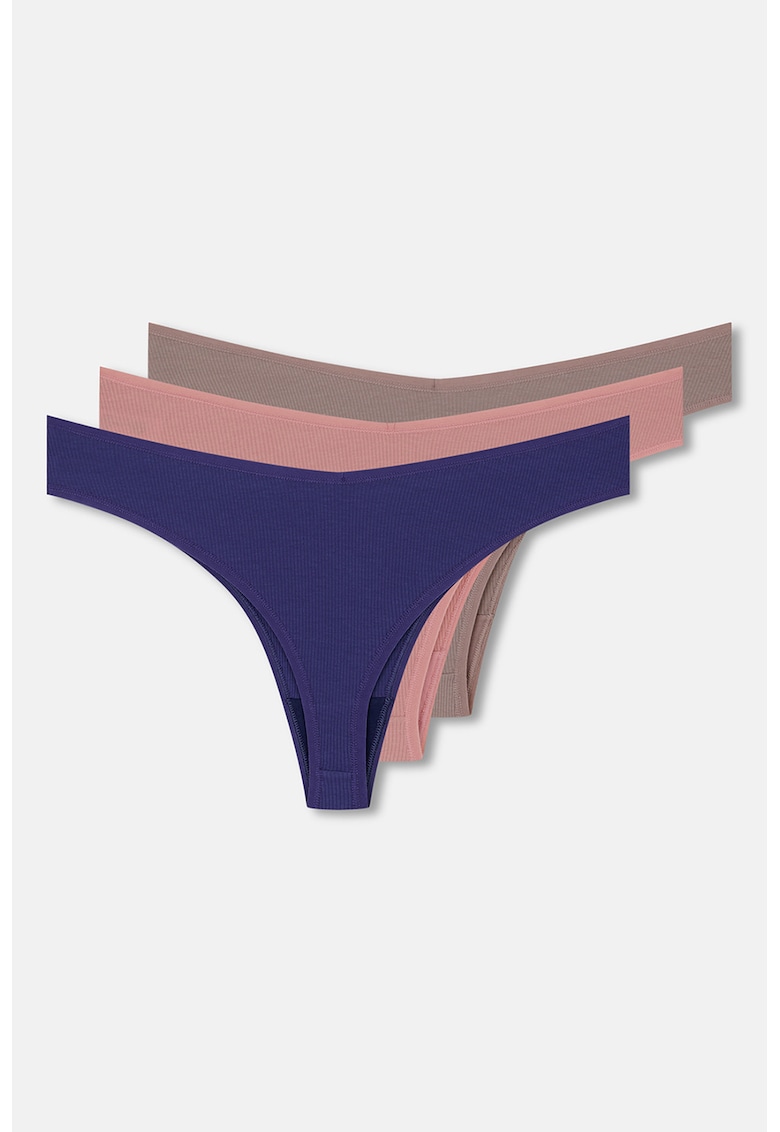 Set de chiloti tanga cu model uni - 3 perechi - Albastru inchis/Maro taupe/Roz prafuit