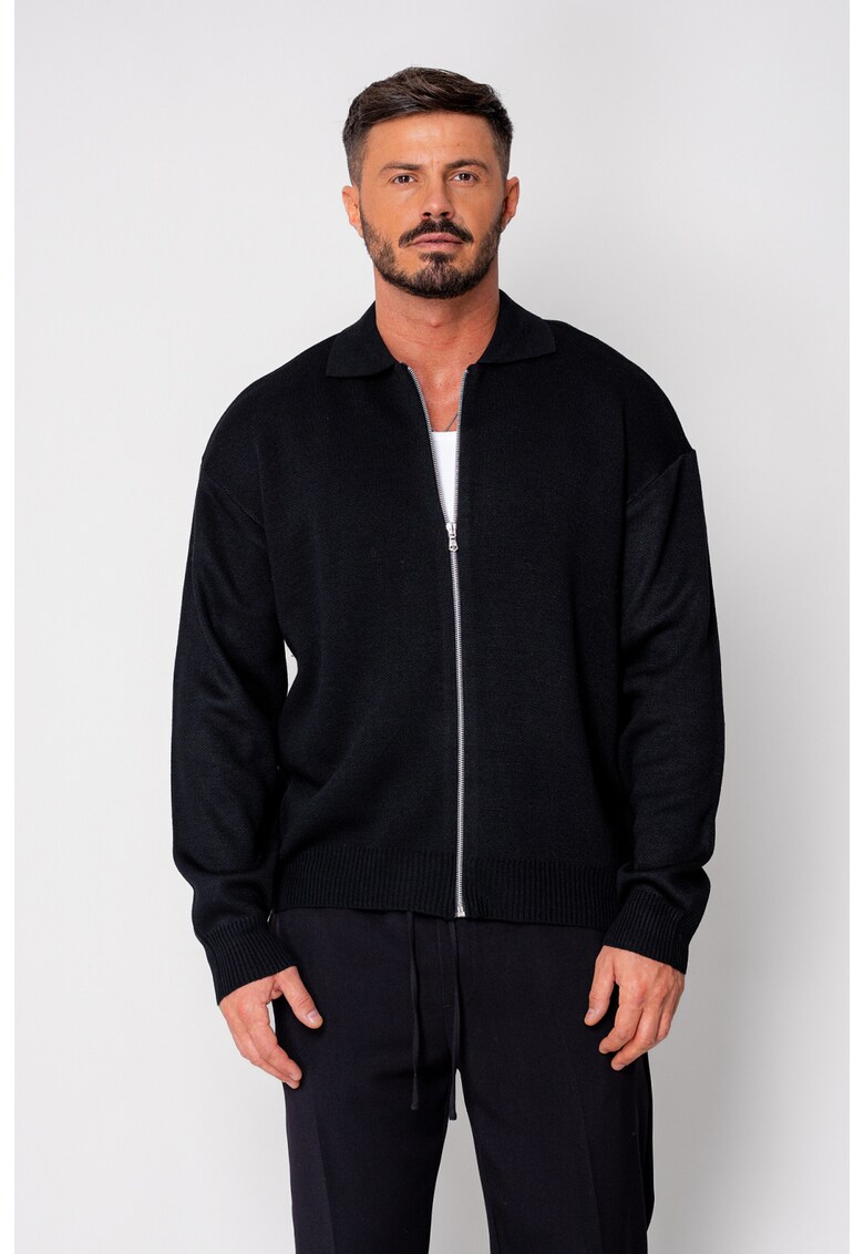 Jacheta tricotata din mix de lana cu fermoar 19631 - Negru