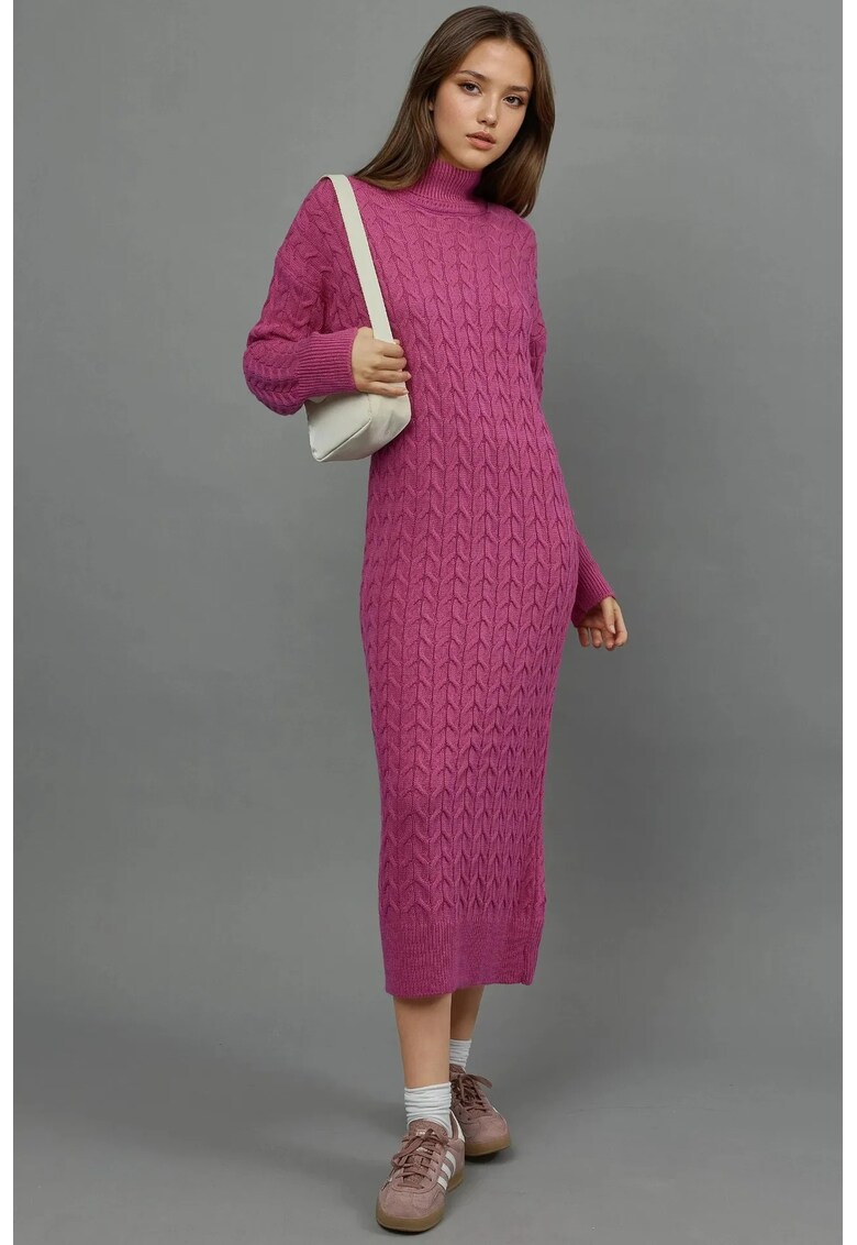 Rochie tricotata guler inalt - maneca lunga - roz - tricot -