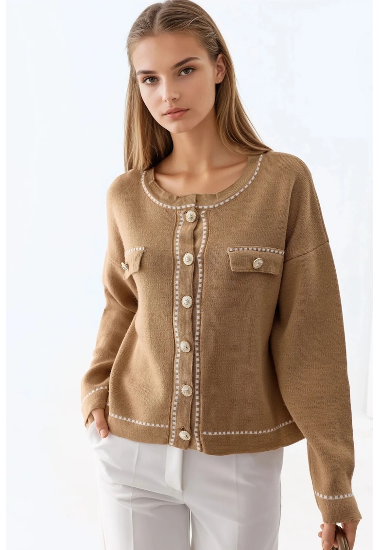 Pulover dama - cardigan tricotat - bej - cu inchidere cu nasturi -