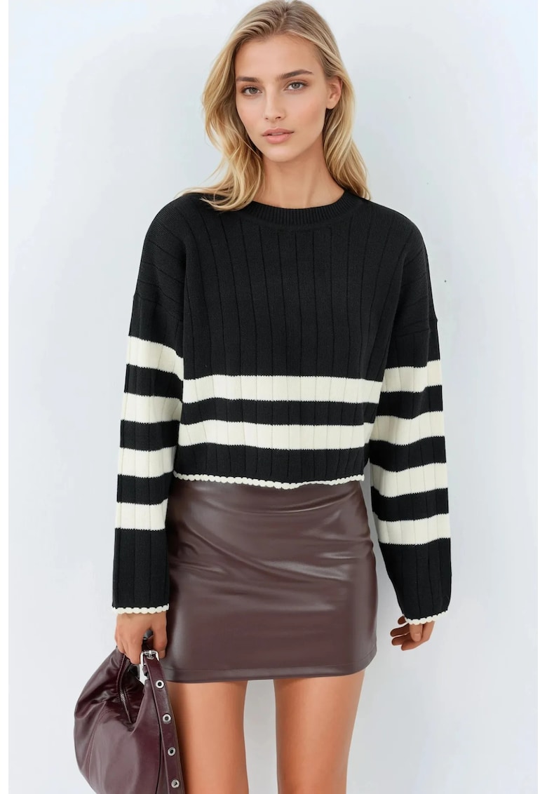 Pulover dama - tricotat - cu dungi - negru - tricot - One Size