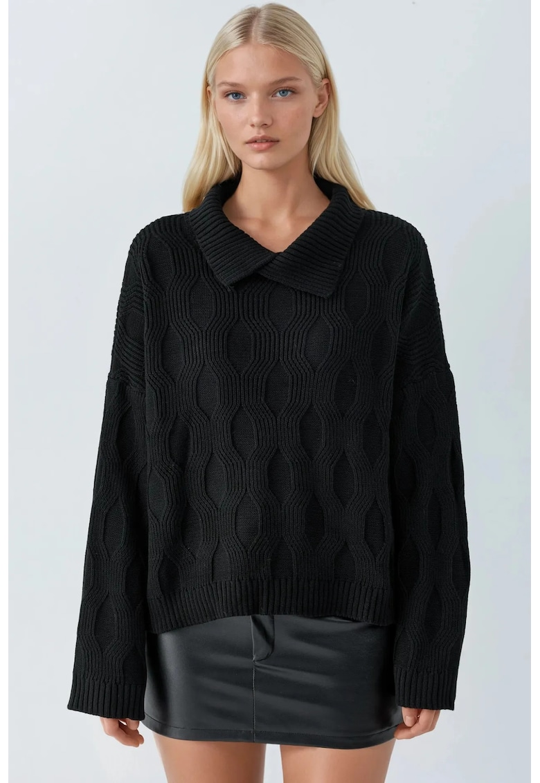 Pulover tricotat - detaliu guler - negru - tricot - One Size