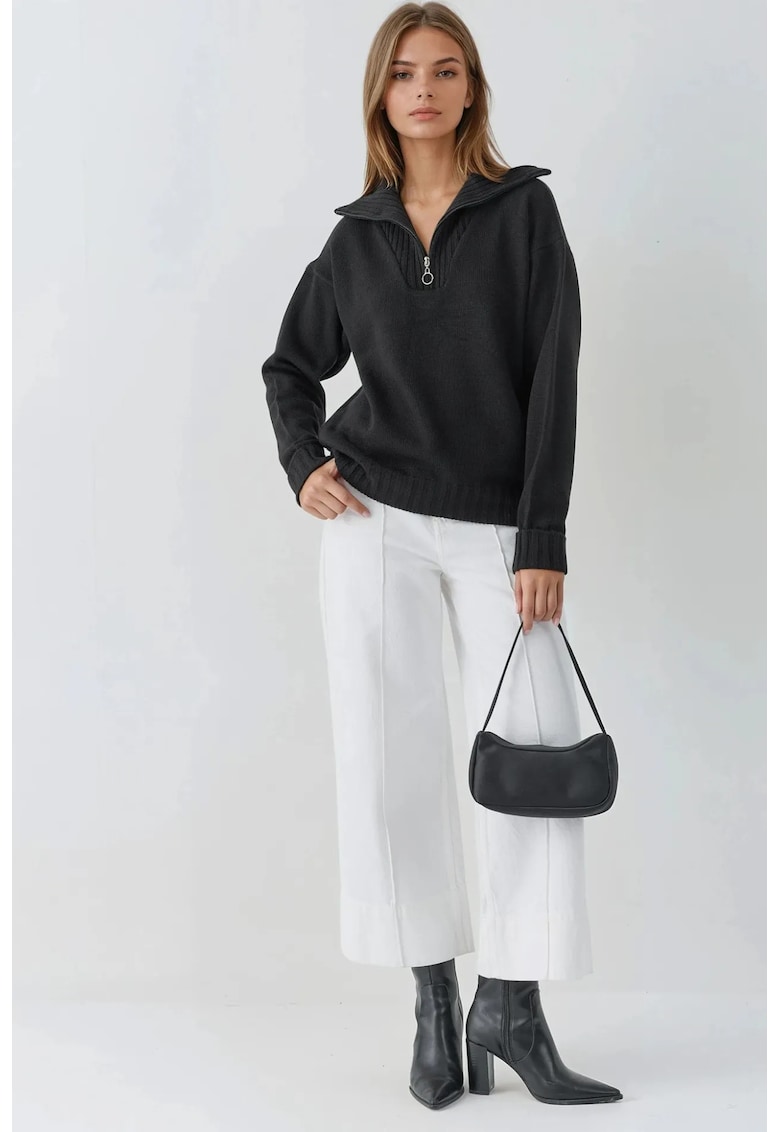 Pulover dama - supradimensionat - cu guler cu fermoar - negru - tricot - One Size