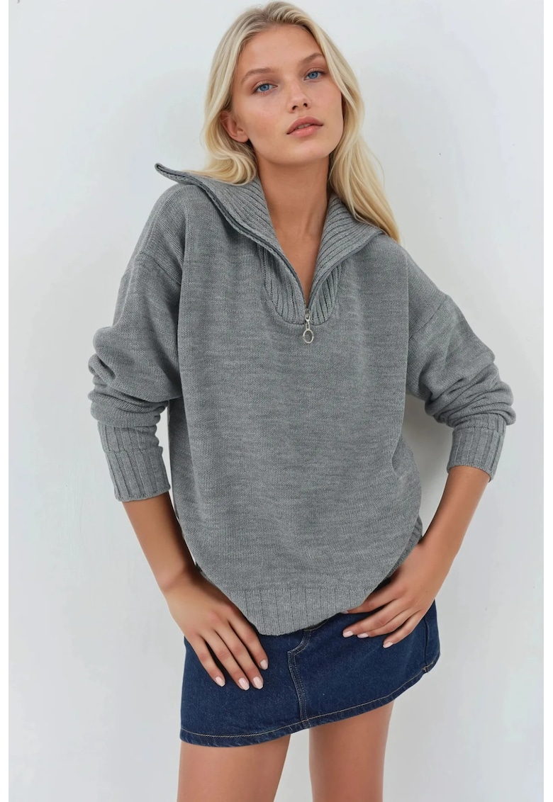 Pulover dama - tricotat - supradimensionat - gri - cu guler cu fermoar -