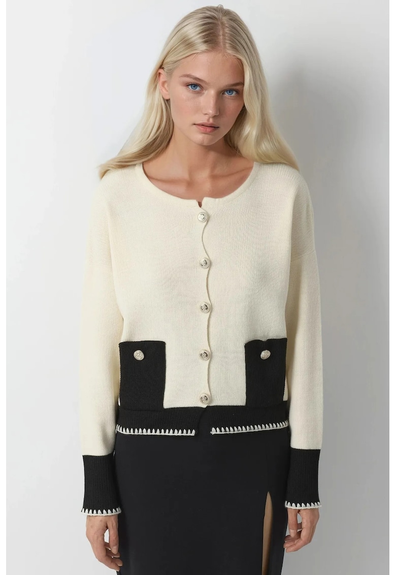 Pulover dama - cardigan tricotat - detalii buzunare - crem - tricot -