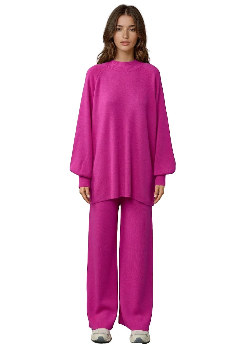 Set tricotat pulover si pantaloni loose fit - magenta - tricot -