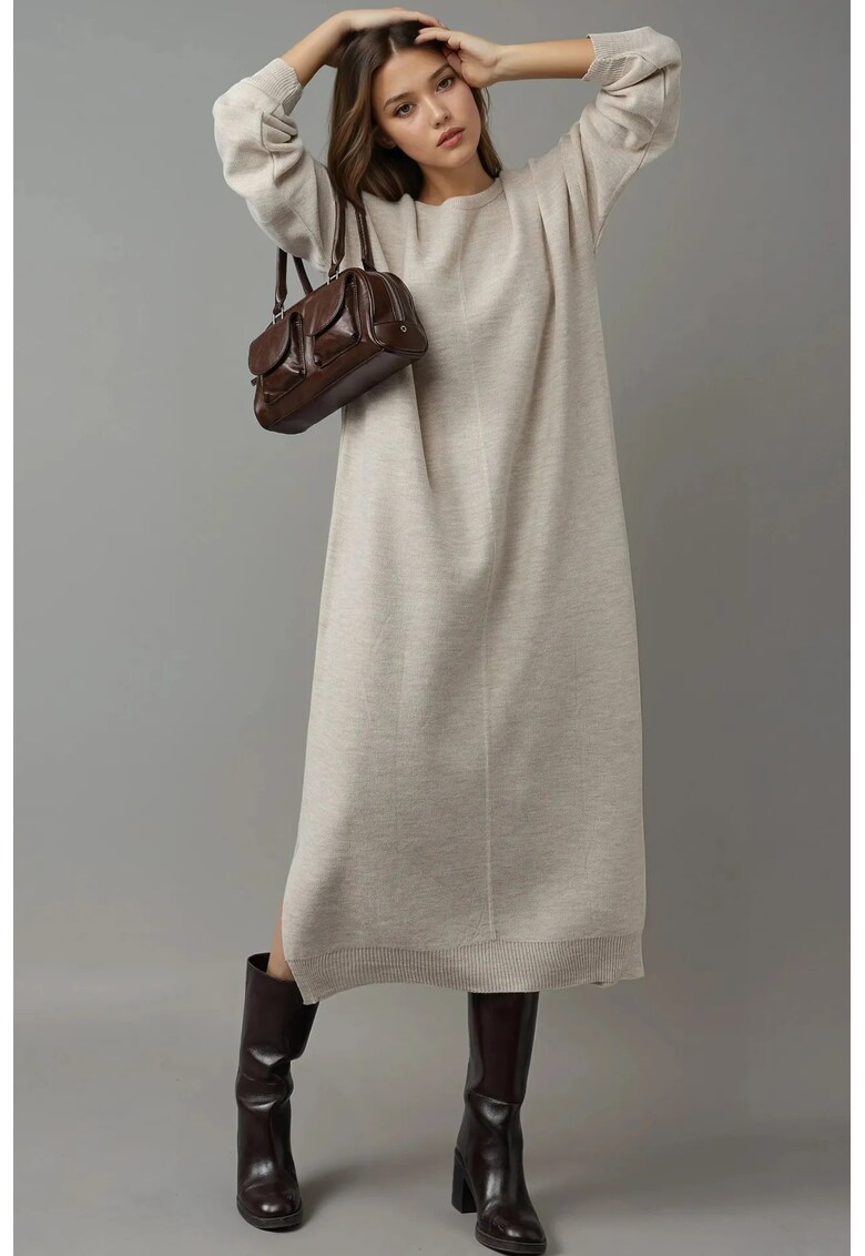 Rochie tricotata - lunga - gri - cu nervuri texturate si detaliu slit - tricot -